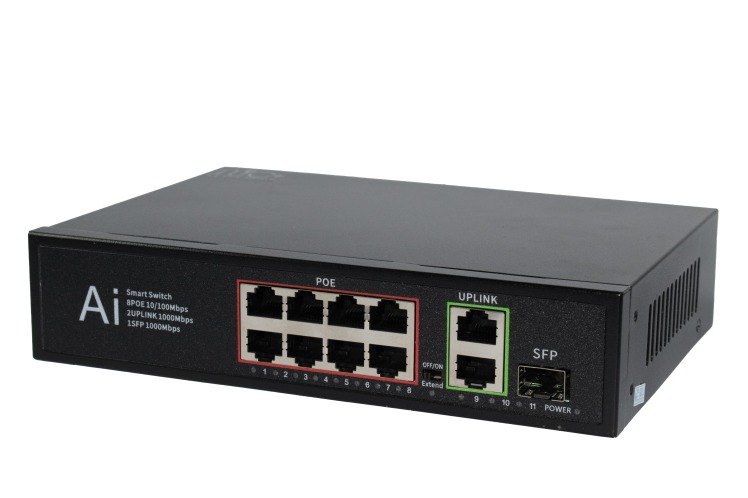 سوئيچ PoE شبکه ۸ پورت ۱۰۰ با آپ‌لینک گیگ و اسلات SFP برند NC | فایبرنت استور