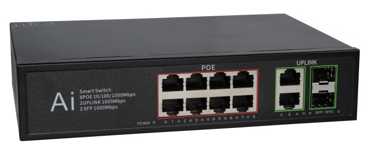 سوئيچ PoE شبکه ۸ پورت گیگ با آپ‌لینک های گیگ و اسلات SFP برند NC | فایبرنت استور